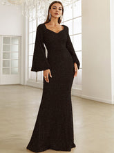 Elegantes Abendkleid mit Pailletten, langen Ärmeln, tiefem V-Ausschnitt und schmaler Passform